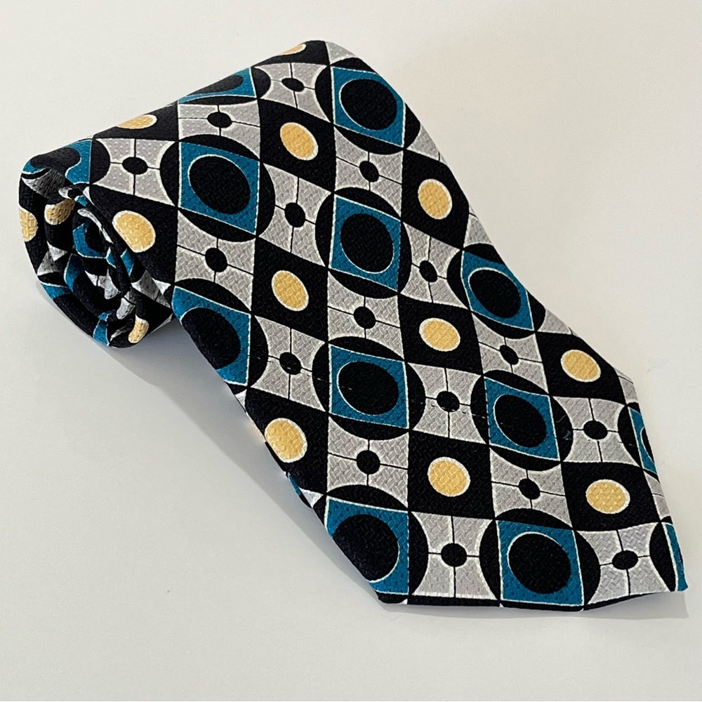 100% Silk Geometric Patterned Tie Black Blue Grey Yellow Circles Squares Bias